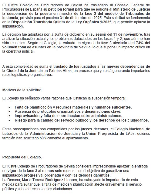 El pasado 12 de noviembre, nuestro Colegio trasladó al Consejo General de Procuradores de España su petición formal para que se solicite al Ministerio de Justicia la suspensión de la puesta en marcha de la fase 3 del modelo de Tribunales de Instancia.
#Justicia #Procuradores
