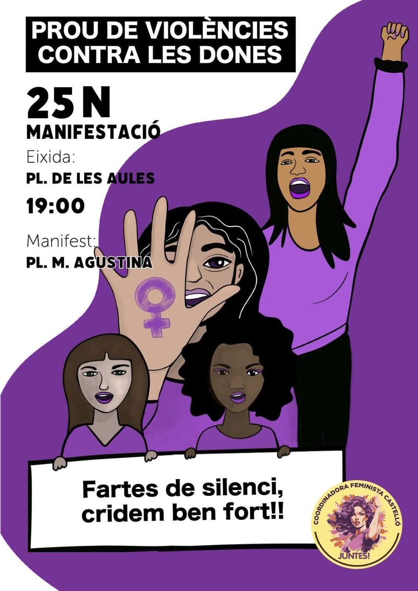 conlloga_'s tweet image. 25N, hui i cada dia fem pinya contra la violència masclista.

Ens veiem avui als carrers per cridar ben fort contra totes les violències masclistes! 

⚠️ La lectura del manifest serà en acabar la manifestació a la plaça de les Aules. 

#25N #Muixeranga #TotElQueSom