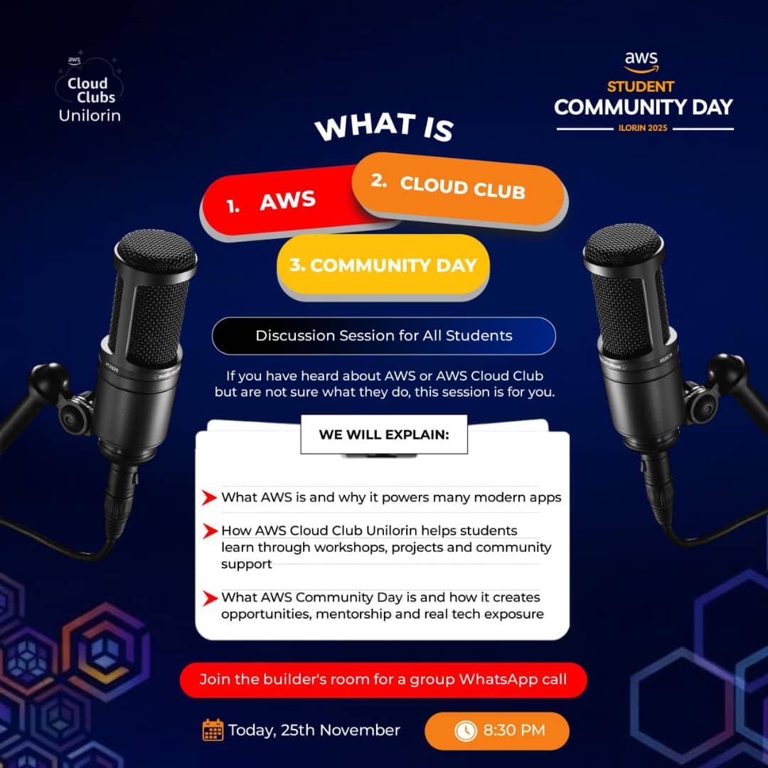 AwsUniloriN's tweet image. Not sure what AWS, Cloud Club, or Community Day really are?
Join our discussion session today as we break it all down and show you how these opportunities can accelerate your tech journey.

Time: 8:30 PM
Date: 25th November

Register: bit.ly/AWSCDILORIN2025
#AWSCloudClubs