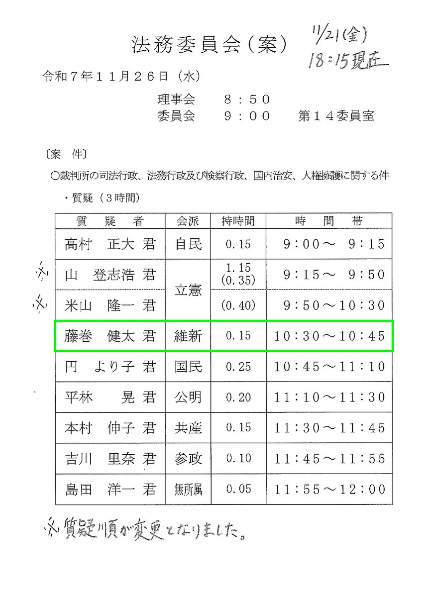 kokkaigiindan's tweet image. 11月26日(水)  所属衆議院議員の質疑予定です。
◇藤巻健太　衆議院議員
【法務委員会】
(質疑予定時間) 10:30～10:45
(内容) 裁判所の司法行政、法務行政及び検察行政、国内治安、人権擁護に関する件:質疑
(中継) shugiintv.go.jp/jp/index.php
#日本再起 #藤巻健太