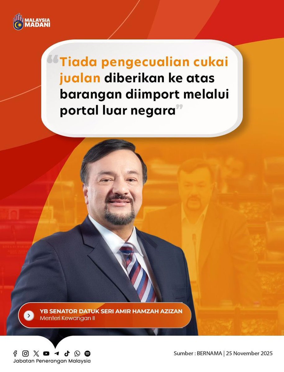 Kerajaan tegaskan: tiada pengecualian cukai jualan untuk barang import melalui portal luar negara. 📦❌

Hanya barangan dalam senarai pengecualian 2025 sahaja bebas cukai — tak kira import atau buatan tempatan. 📝✨
