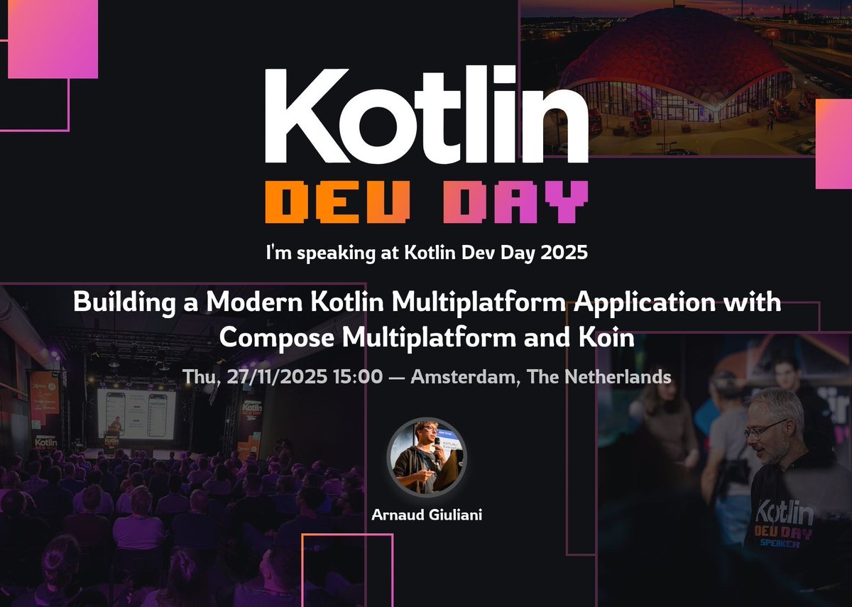 arnogiu's tweet image. 🚀 See you Thursday for Building a Modern Kotlin Application with Compose and Koin - @KotlinDevDay

📅 Nov 27 | 3PM CET @ Upperdeck
Deep dive into DI foundations for KMP, navigation patterns, DI scoping, and lifting &quot;Now in Android&quot; to Compose MP

#KMP #Compose #Kotlin #Koin