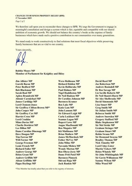 _RobbieMoore's tweet image. This Labour government are destroying businesses.

I have written to the Chancellor alongside a group of 86 cross-party MPs and Peers, demanding that Rachel Reeves reconsiders her proposed changes to Business Property Relief for Inheritance Tax. 

The government’s proposal of…