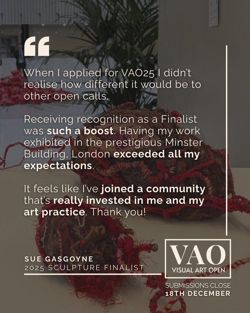 VisualArtOpen's tweet image. The Visual Art Open is proud to champion artists at every stage of their creative journey.

Hear from Visual Art Open 2025 Sculpture Finalist @sue.gasgoyne on what the award meant to her and her creative practice.

#VAO #VisualArtOpen #SueGasgoyne #Sculpture #OpenCall