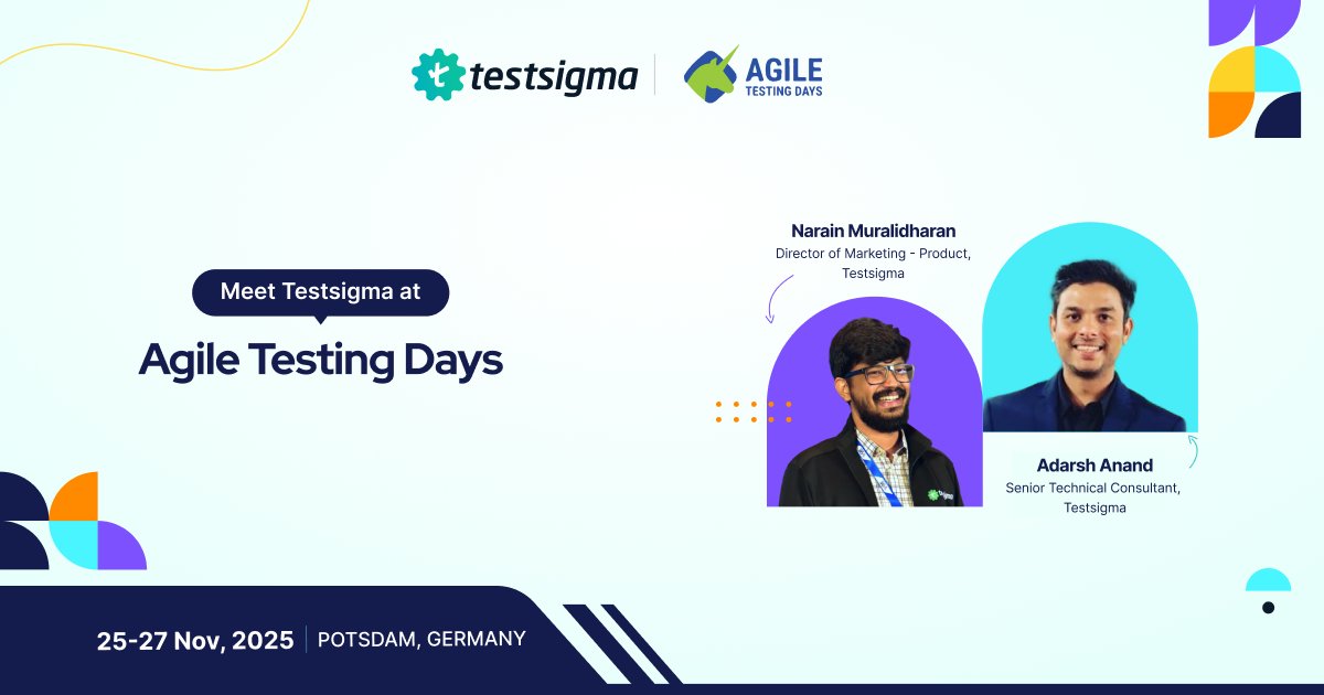 testsigmainc's tweet image. We are live at Agile Testing Days in Germany from Nov 25 – 27! 
Swing by our booth to explore how Testsigma brings unified Agentic AI and codeless automation together to supercharge your testing workflows.

#futureoftesting #AgileTestingDays #AITesting #Testsigma