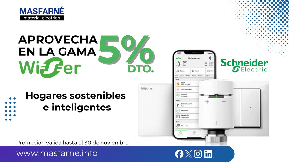 Masfarne's tweet image. 🏡Haz tu hogar más inteligente y sostenible con #Wiser de @SchneiderES  

Controla luces, temperatura y energía desde tu móvil y reduce tu huella de carbono

💸🗓️5% de descuento hasta el 30/11 

👉Consulta con nuestro equipo comercial para más información

#SmartHome #Masfarne