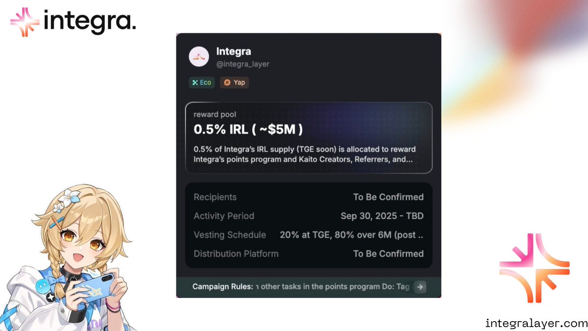 Andri_an79's tweet image. gIntegra

REMINDER
If you haven’t joined yet, now’s the perfect time, start earning while it’s still early.

Integra × Kaito: 0.5% $IRL Reward Pool Breakdown for Creators, and Kaito Eco

@integra_layer is allocating 0.5% of the $IRL token supply to reward early community…