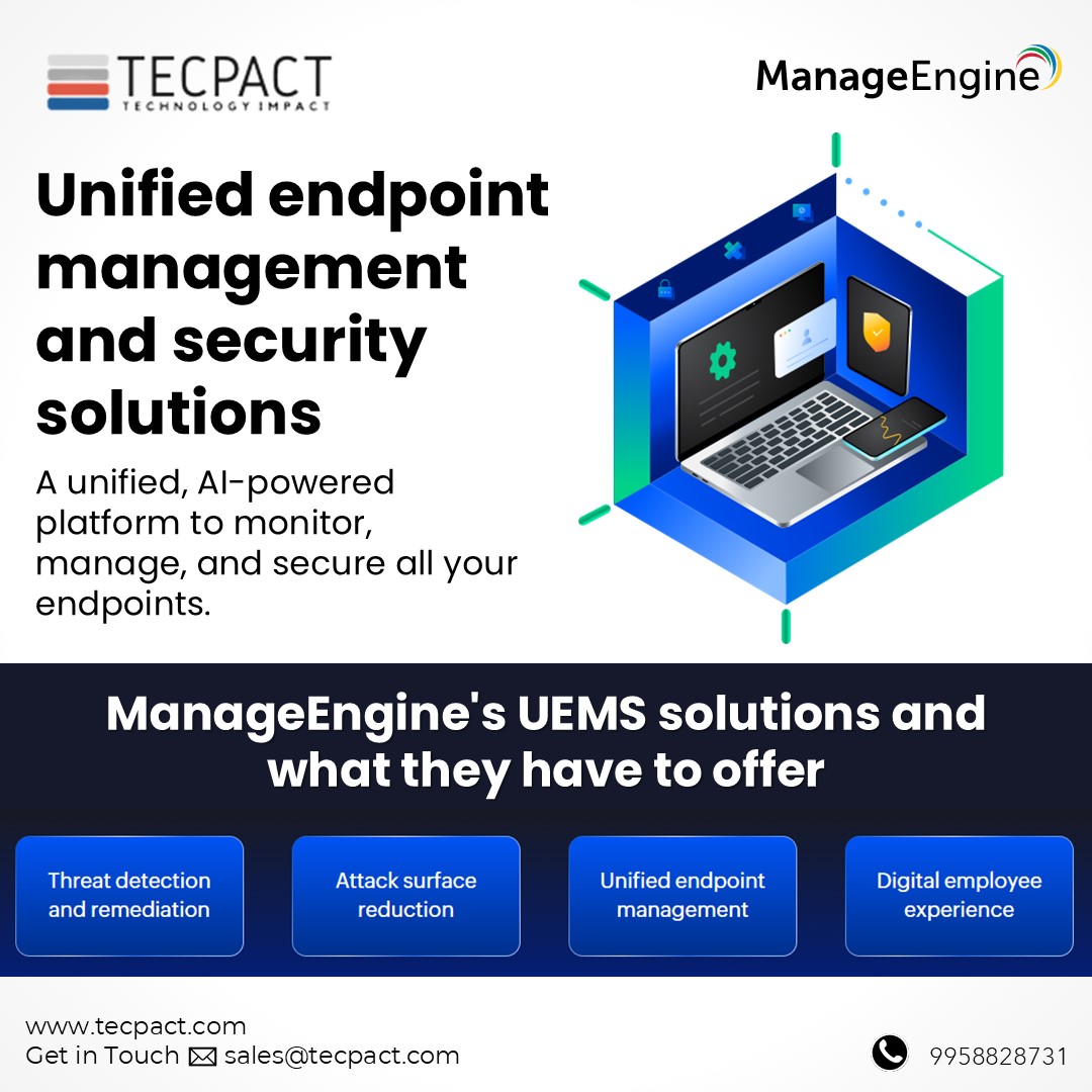 Tecpact's tweet image. #ManageEngine
▶️ Unified endpoint management and security solutions. 
A unified, Al-powered platform to monitor, manage, and secure all your endpoints.
For any query :
📩 sales@tecpact.com
🪩 tecpact.com
#Tecpact #TecpactTechnologyImpact #ITtechnology #ITcompany