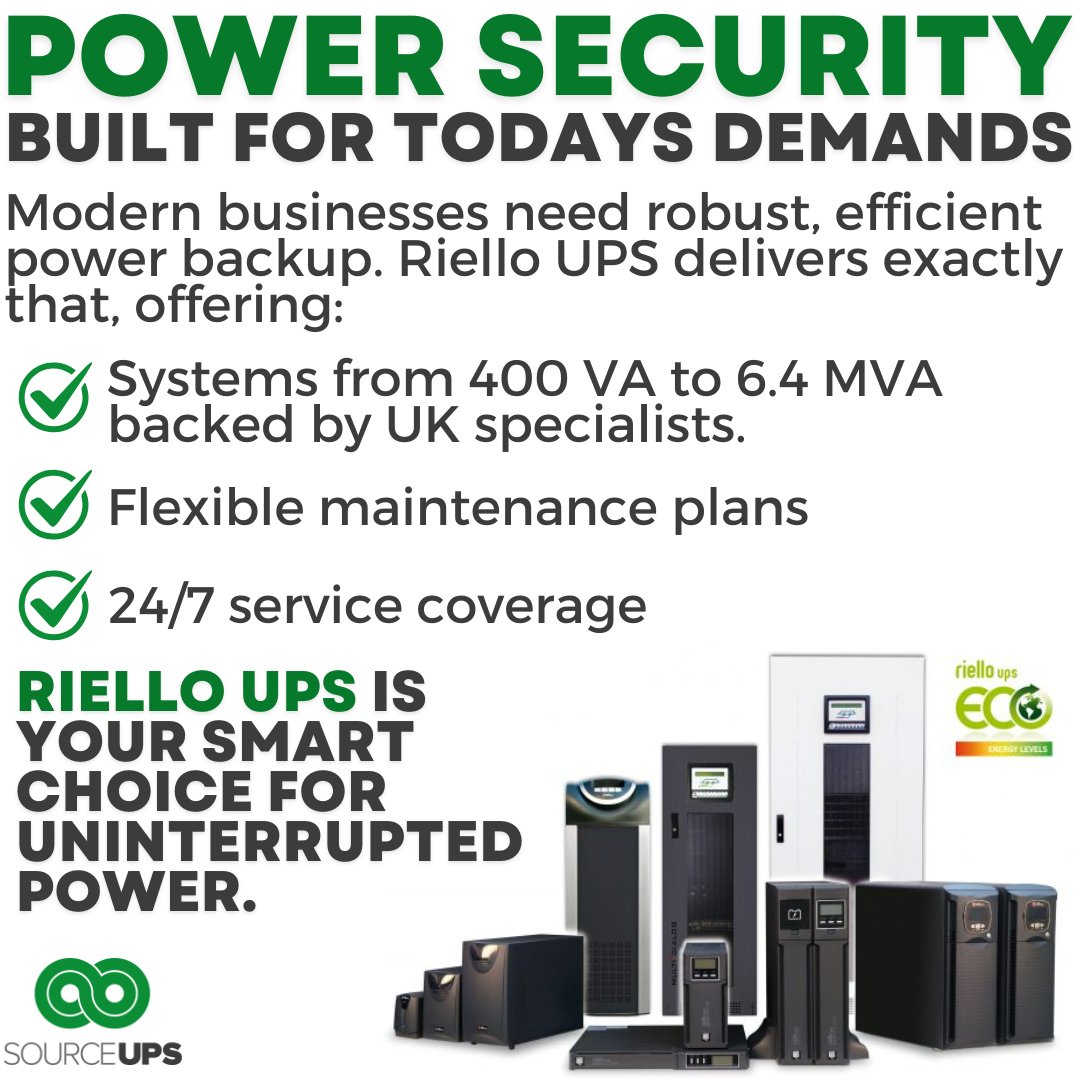 SourceUPSLtd's tweet image. Uninterrupted power starts with the right UPS system. ⚡
Source UPS provides trusted Riello UPS solutions for businesses that can’t afford downtime.
More info: sourceups.co.uk
#UPS #PowerProtection #SourceUPS