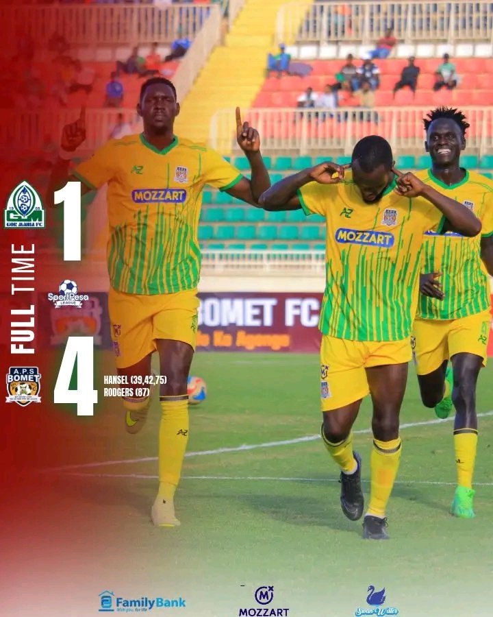 APSBOMETFC's tweet image. 𝐅𝐔𝐋𝐋 𝐓𝐈𝐌𝐄⏱️ 
Gor Mahia FC 1- 4 A.P.S BOMET FC  ( Hansel Ochieng 39,42,75, Rodgers Kipkemoi 87)

Big fight, big heart. 💚🖤

#TheBlackBerets