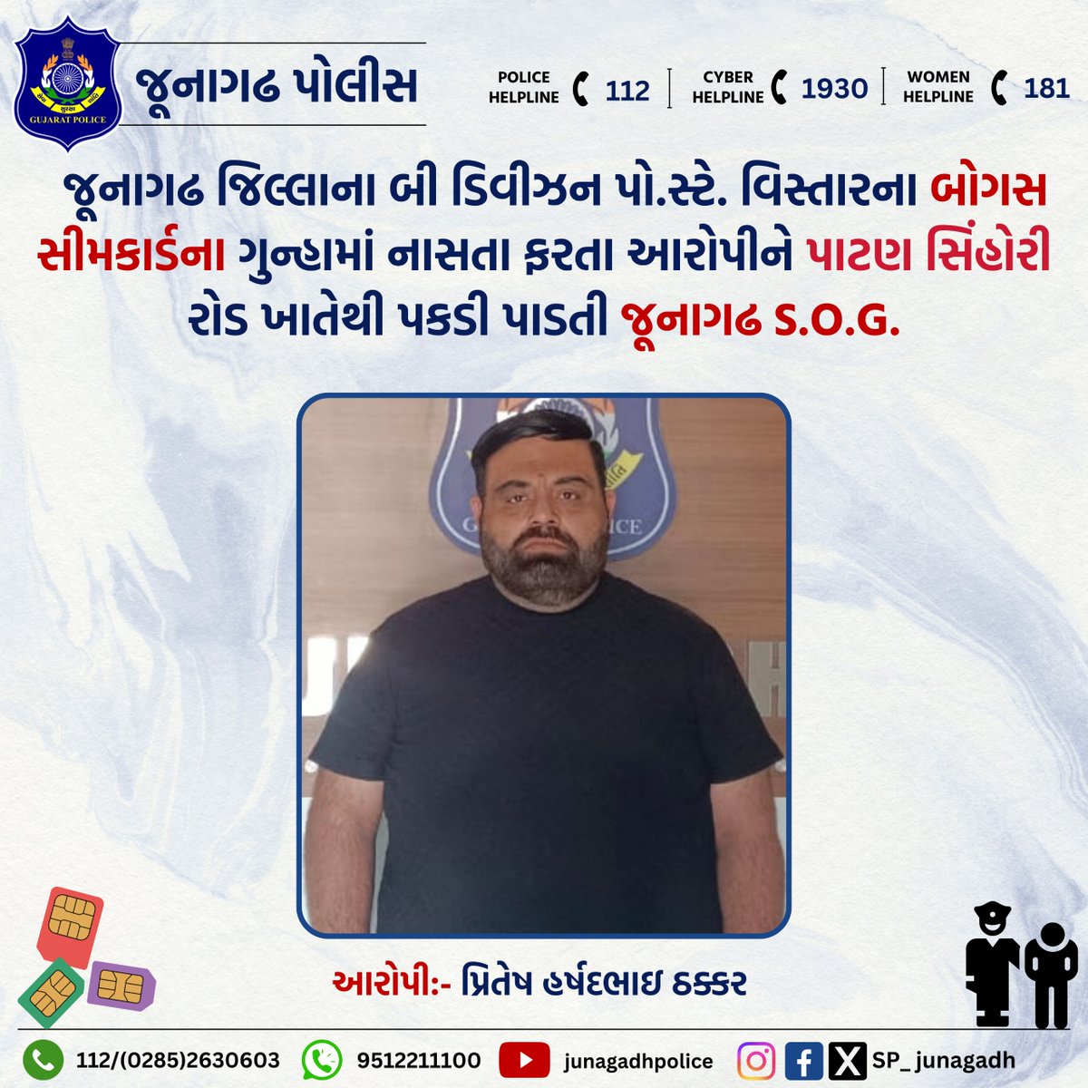 SP_Junagadh's tweet photo. બોગસ સીમકાર્ડના ગુન્હામાં નાસતા ફરતા આરોપીને પાટણ સિંહોરી રોડ ખાતેથી પકડી પાડતી જૂનાગઢ S.O.G.

@CMOGuj
@sanghaviharsh
@GujaratPolice
@dgpgujarat
@IGP_JND_Range
#JunagadhPolice 
#police 
#crimecontrol
#BogusSIMCard
#FakeSIMCard
#SIMCardScam
#CyberCrimeAwareness

#PoliceAction https://t.co/TuK7v5jvil
