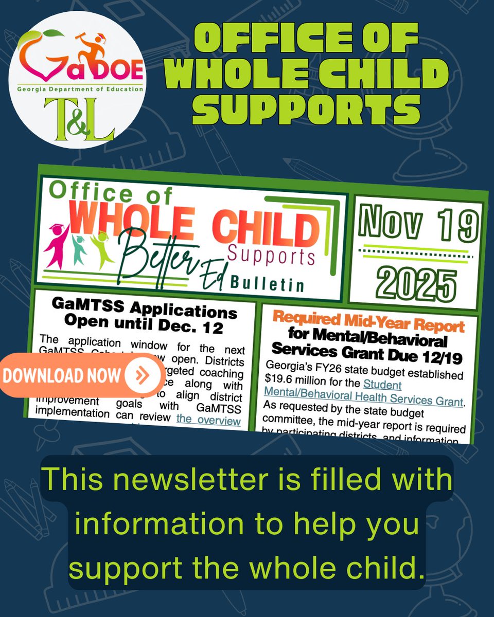 📣T&amp;L Spotlight: Key Updates for Georgia Educators! 🌟
🔗url.gadoe.org/0c1mx
✅ Mid-Year Report due Dec. 19 for Mental/Behavioral Health Grant.
✅ GaMTSS Cohort Apps close Dec. 12—don’t miss out!
✅ School Climate Survey: Dec. 1–Mar. 31, 2026.
✅ Upcoming PL
<a href="/GaDOEWholeChild/">GaDOEWholeChild</a>