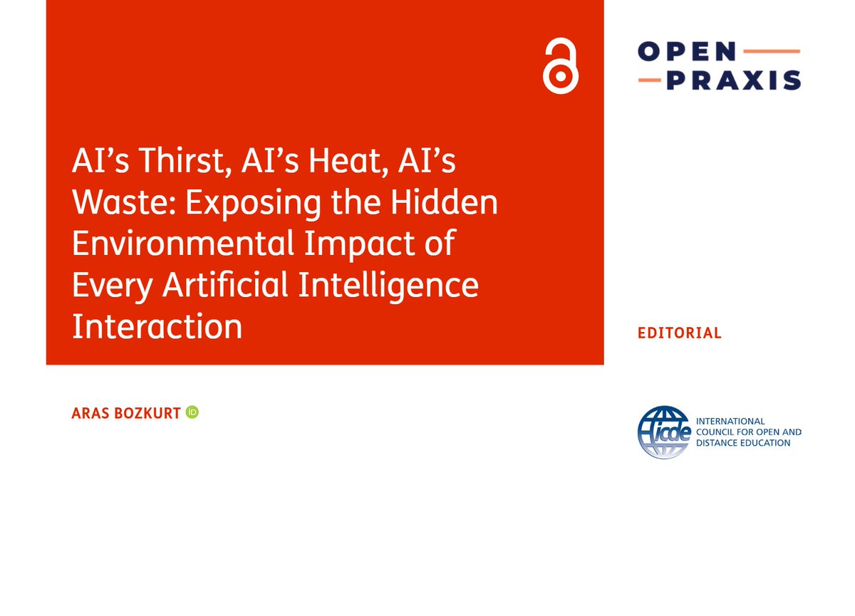 arasbozkurt's tweet photo. AI’s Thirst, AI’s Heat, AI’s Waste: Exposing the Hidden Environmental Impact of Every Artificial Intelligence Interaction

What is the environmental CO2st of digital pO2liteness and wH2O pays it? When a user types please or thank you into generative AI (GenAI) services, it seems like a harmless, humanizing gesture. Yet, every additional word processed by a large language models (LLMs) increases the computational load, which requires energy and costs money...

Published at @openpraxis_icde  Read more from 👇

https://t.co/uWWcKYXWwj