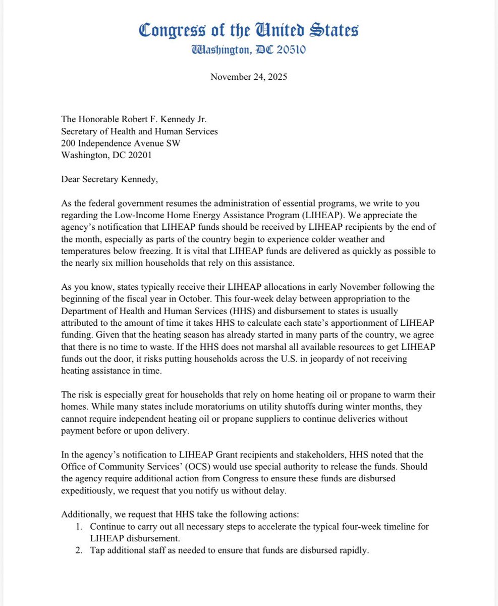 RepNellie's tweet image. As the federal government resumes the administration of essential programs, it is imperative that HHS get LIHEAP funds out the door in time for winter. I joined @RepChrisPappas on calling for urgent action. Read the full letter ⬇️