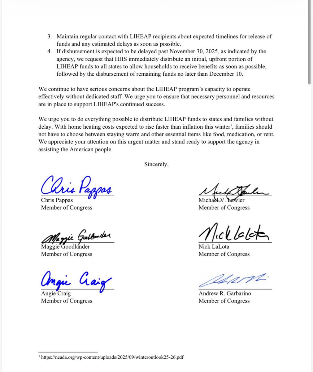 RepNellie's tweet image. As the federal government resumes the administration of essential programs, it is imperative that HHS get LIHEAP funds out the door in time for winter. I joined @RepChrisPappas on calling for urgent action. Read the full letter ⬇️
