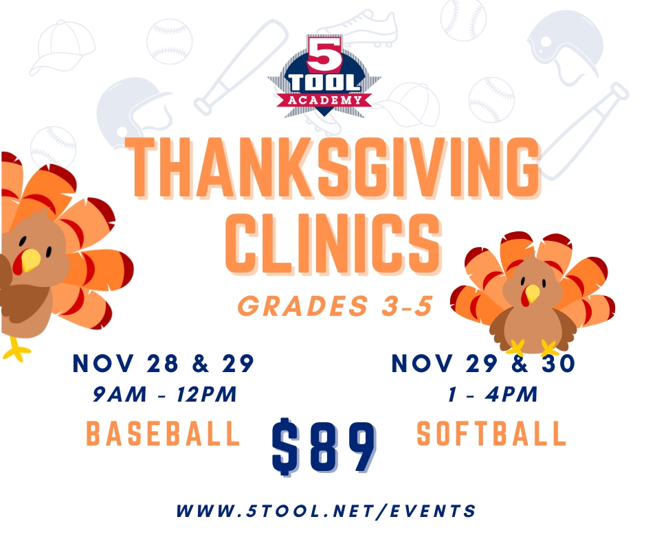 5ToolAcademy's tweet photo. It's not too late to sign up for 5 Tool's Thanksgiving Skills Camps! This fun, fast-paced camp will develop skills while getting your turkeys moving and away from a screen!

For details or to register visit: https://t.co/9KTXUBqmUd. https://t.co/4kK7o8Fh5H