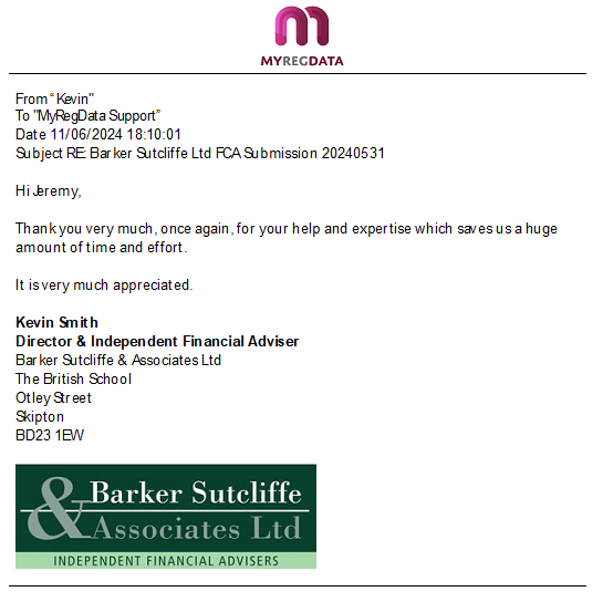 MyRegData's tweet photo. "....your help and expertise...save us a huge amount of time..." https://t.co/pbssvjR8f0