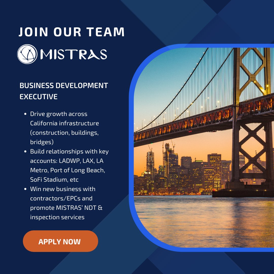 MISTRAS is hiring:

Sales Executive (Houston, TX) – hubs.li/Q03VH7PH0 
Sales Executive (Calgary, AB, CAN) – hubs.li/Q03VHcyW0 
Director of Strategic Accounts – hubs.li/Q03VHcdw0 
Business Development Executive – Infrastructure – hubs.li/Q03VHbrc0