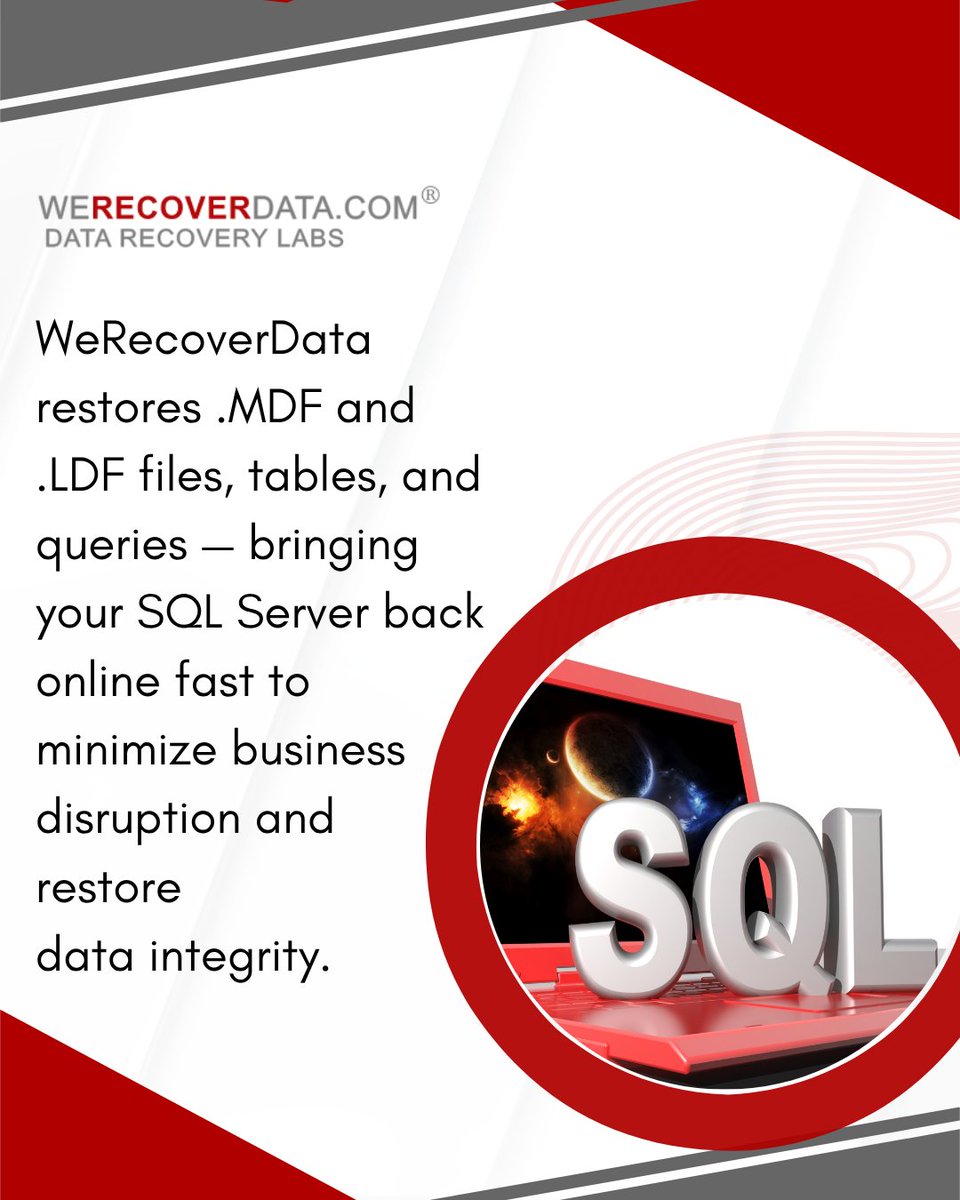 WeRecoverData's tweet image. A corrupted SQL database doesn’t have to mean disaster. WeRecoverData restores .MDF and .LDF files, tables, and queries — bringing your SQL Server back online fast to minimize business disruption and restore data integrity.