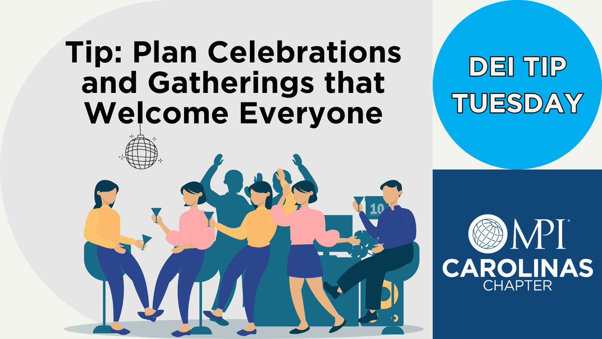 MPI_Carolinas's tweet image. It&apos;s DEI Tip Tuesday! Today&apos;s Tip: Plan Celebrations and Gatherings that Welcome Everyone

Holidays can unintentionally leave people out, so plan your gatherings with inclusion in mind. Focus on celebrating themes like gratitude and giving rather than specific holidays.