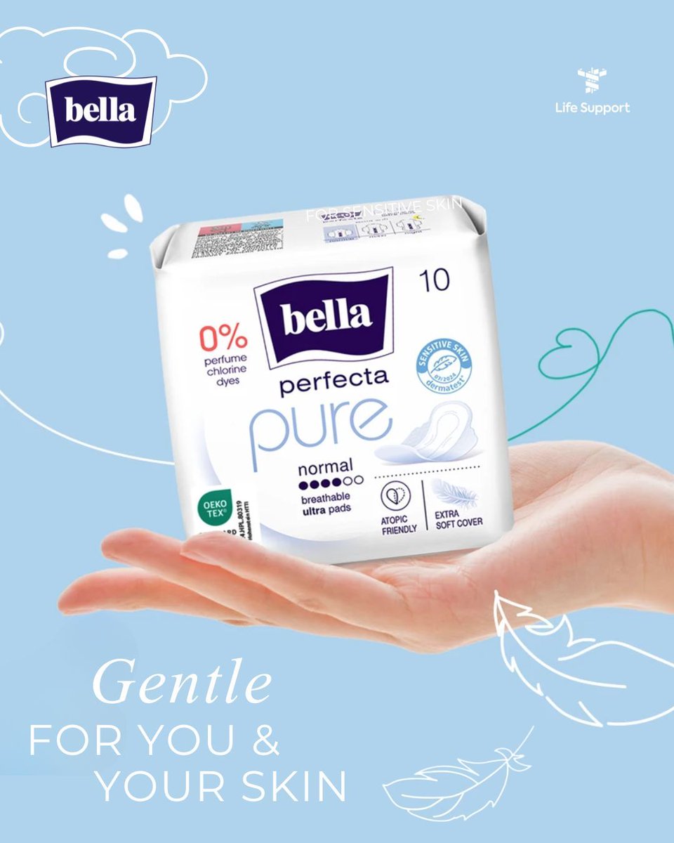 LifeSupportMV's tweet image. Ultra-thin Bella Perfecta Pure is designed for sensitive skin &amp;amp; atopic friendly. Free from dyes, perfumes, chlorine, and potentially irritating ingredients, minimizing the risk of irritation and allergies being exceptional absorbent. #LifeSupport #sensitiveskin #periodcare #bella