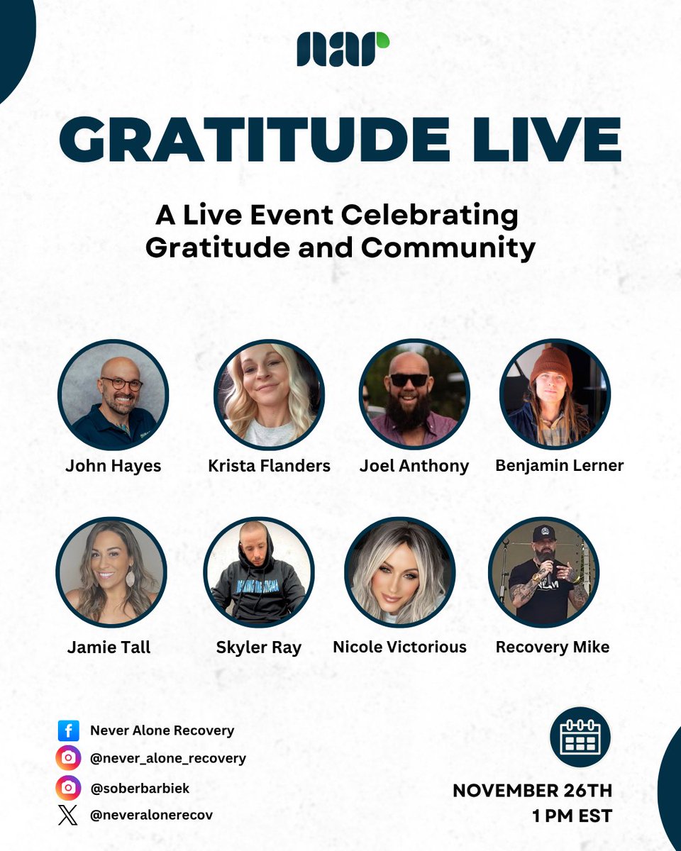 NeverAloneRecov's tweet image. We’re coming together with voices from our recovery community to share what gratitude looks like through healing, growth, and real-life challenges.

Join us for a special live event this Wednesday at 1PM EST. We’d love to see you there!

#NeverAloneRecovery #RecoveryCommunity…