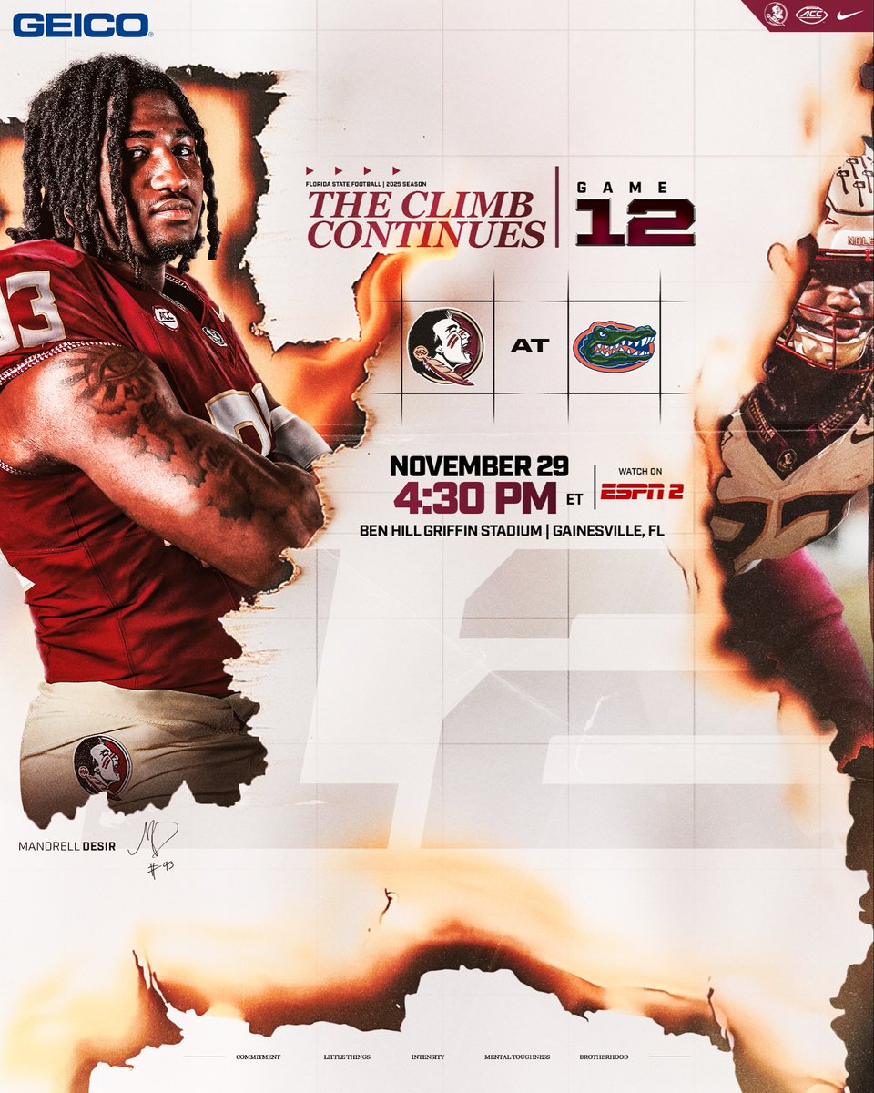 FSUFootball's tweet image. The CLIMB continues with an in-state showdown!

🗓️: Saturday 
⌚️: 4:30pm ET
📍: Gainesville, FL
🏟️: Ben Hill Griffin
📺: ESPN2
📻: noles.co/2025Radio

@GEICO 

#NoleFamily | #KeepCLIMBing