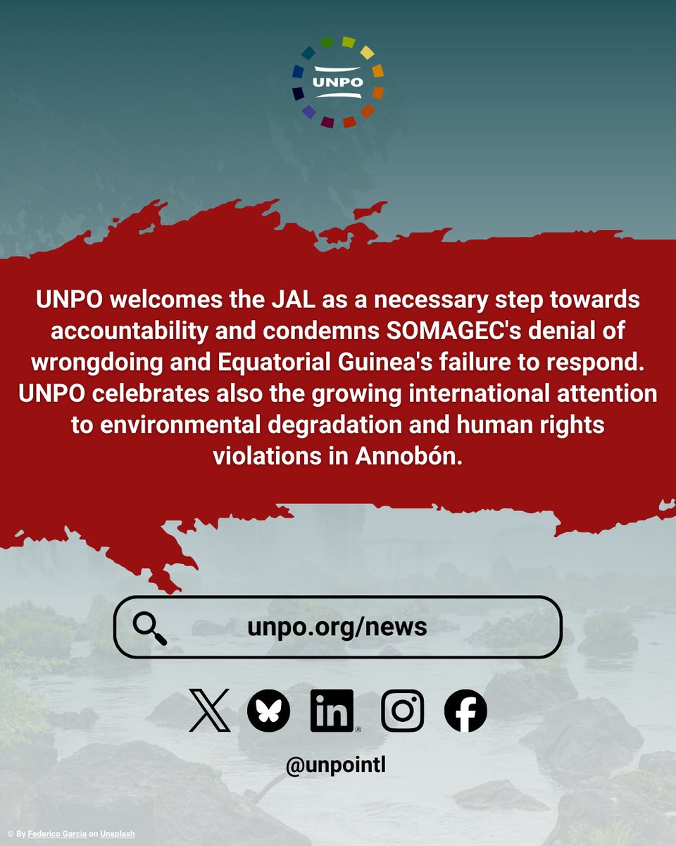 Nine UN Special Rapporteurs have issued Joint Allegation Letters to Equatorial Guinea and SOMAGEC after UNPO documented environmental destruction and arbitrary detentions in Annobón.

Read more here: unpo.org/nine-un-expert…