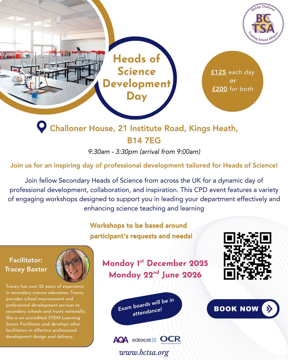bctsa_training's tweet image. On Monday 1st December we will be hosting Heads of Science Development Day 1 at our Challoner House training venue! 🥼 

This is an ideal programme to network and engage with other Heads in order to enhance Science teaching and learning.

#ScienceTeaching #STEMLearning #CPD