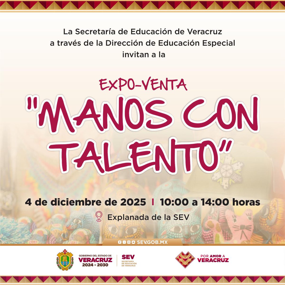 La #SEV invita a la Expo-Venta "Manos con Talento".
Un espacio dedicado a reconocer el esfuerzo y aportación de estudiantes con discapacidad de los Centros de Atención Múltiple.

📆 4 de diciembre
🕥 10:00 a 14:00 h.

Apoyemos la inclusión y el talento de nuestros estudiantes.