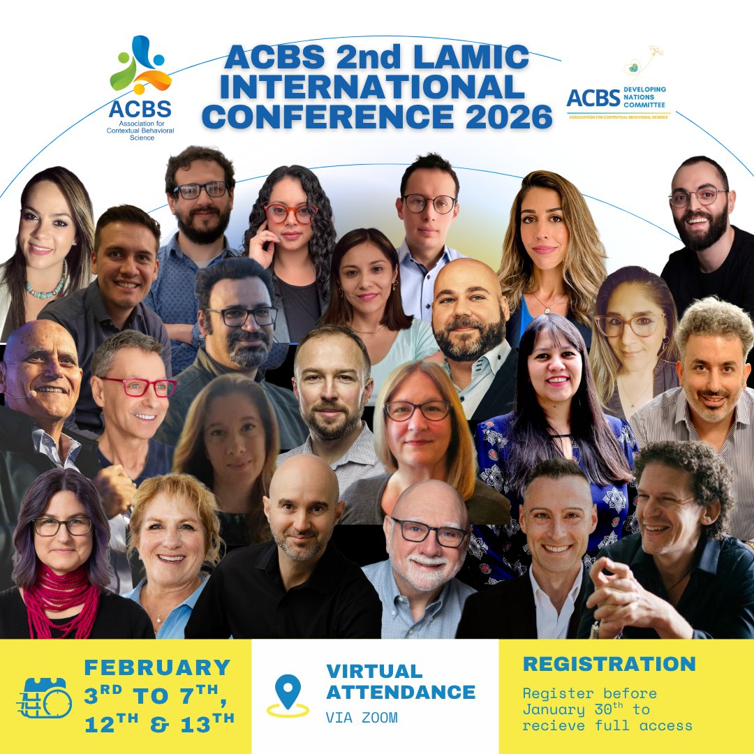 myACBS's tweet photo. You’re invited to the 2nd LaMIC Virtual Conference 2026! 

From February 3–7 and 12–13, 2026, join us for a unique international event dedicated to Contextual Behavioral Science.

You’ll have the opportunity to attend talks and workshops led by renowned figures in the field, all within a virtual space designed to learn, share, and connect with colleagues from around the world.

Beyond enjoying top-quality content, your contribution will help raise funds for scholarships (DNC scholarship) that will support more people in attending #ACBSWC26 in Lyon, France. 🇫🇷

📅 Registration deadline: January 31, 2026
Learn more and register: https://t.co/gzc2kPUafi

We’ll have live interpretation from English to Spanish and Portuguese for the presentations by Steven Hayes, Robyn Walser, and Russ Harris. For the remaining sessions, we’ll use Zoom’s AI translation feature.
We’ll also have workshops and panels entirely in Spanish!

✨The Developing Nations Committee (DNC) hopes to see you there!
#ACBS #psychology #mentalhealth #ACT #CBS