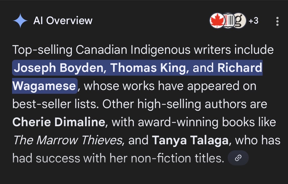 JimMcMurtry01's tweet image. 4/5th of Canada’s top-selling Indigenous writers are mostly WHITE.

• Joseph Borden—white
• Thomas King—white
• Cherie Dimaline—white dad, half white mum
• Tanya Talaga—white dad, half white mum

As for Richard Wagamese, his parents abandoned him and he was raised by whites.