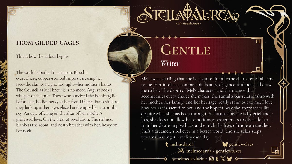 melmedardazine's tweet image. CONTRIBUTOR SPOTLIGHT 🌟✨
 
Today&apos;s spotlight is @/gentlewolves (BSKY)! 💫✨

Helping to step you into the inner workings of Mel&apos;s wonderous mind is our Writing Mod, Gentle! Her way with words will captivate you and leave you wanting more after you&apos;re done reading her piece! 💛