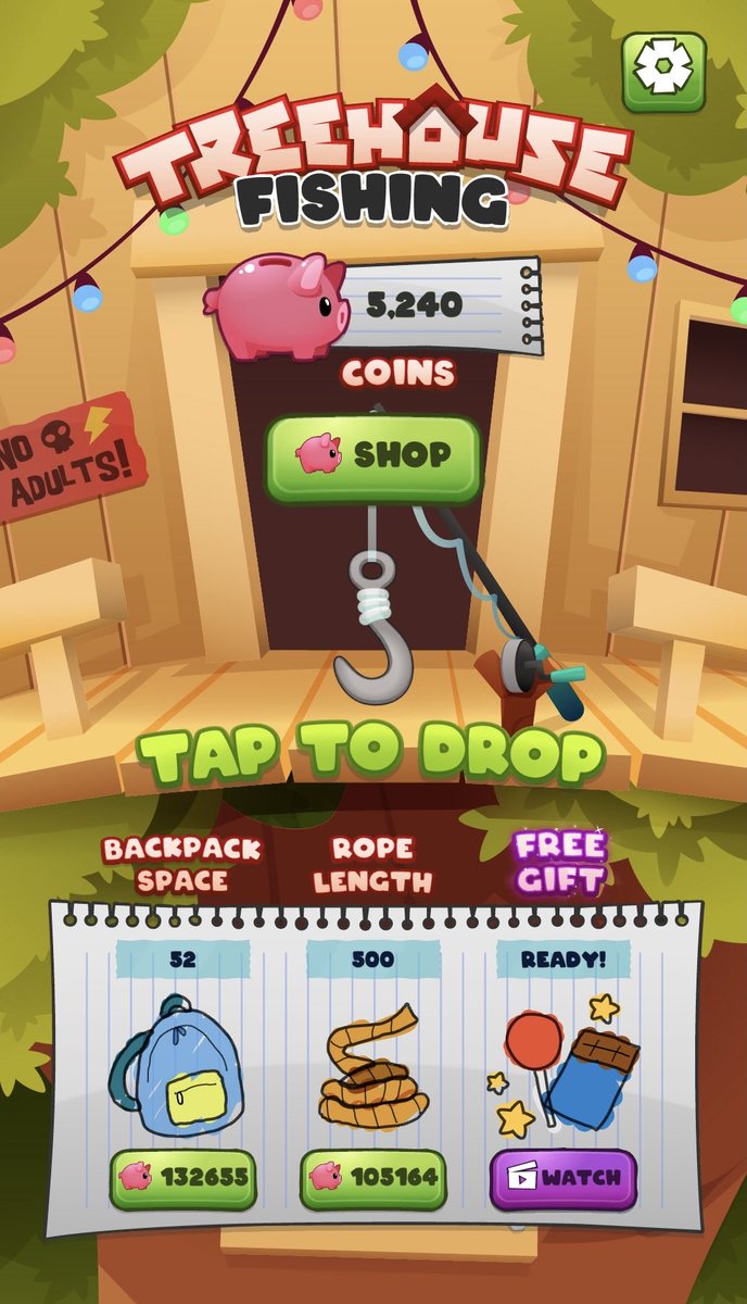 Treehouse Fishing(4日目) Level 500/Level 5000 まったりプレイだけど500まではさくさく進んでる✨ 必要なコイン の量が増えてきたけど所持量と釣り糸のどちらを優先するか悩み中💭