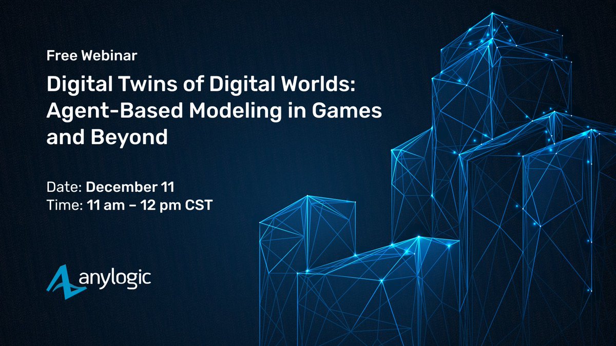 AnyLogicCo's tweet image. Join our free webinar, Digital Twins of Digital Worlds: Agent-Based Modeling in Games and Beyond, on December 11. We will show you how simulation modeling can uncover the hidden dynamics behind iconic game-world phenomena. Save your spot today ➡️ events.zoom.us/ev/AgJuHFhyU9I…
