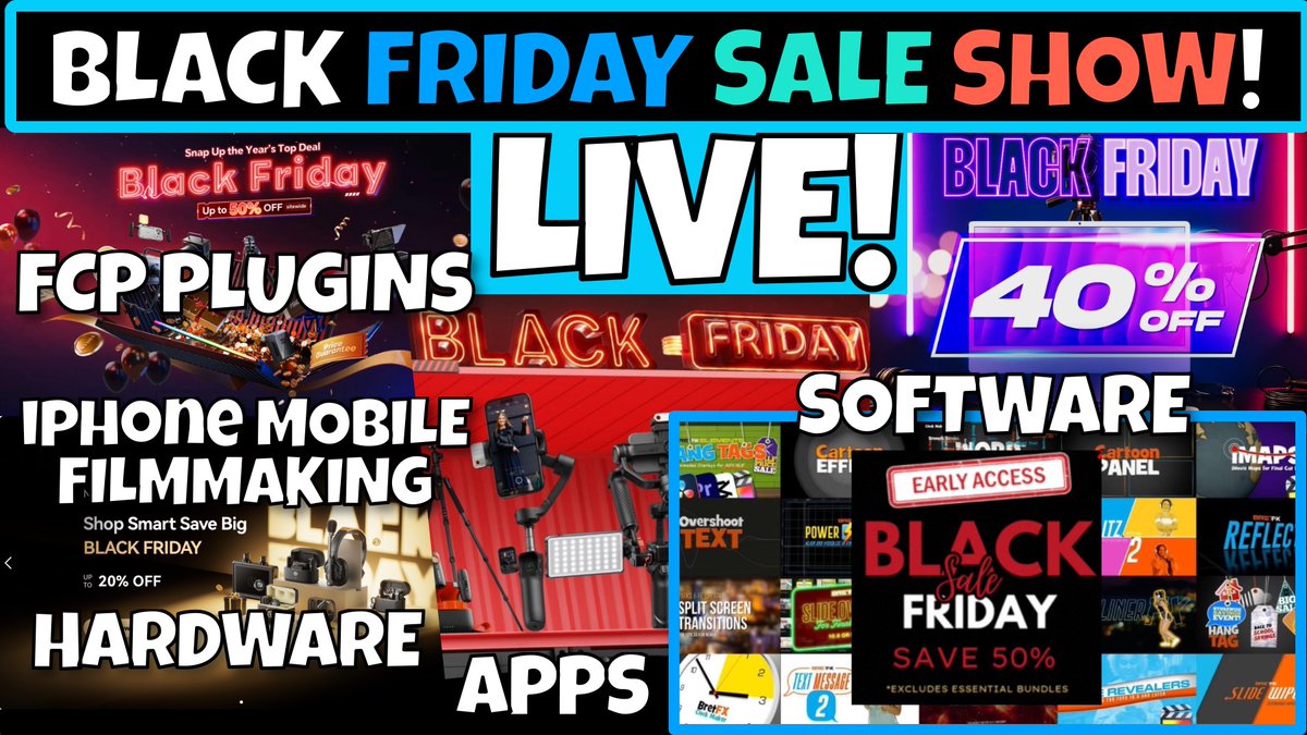 RichardTaylorTV's tweet image. Black Friday Sales Show LIVE! 
FCP Plugins - iPhone Mobile Filmmaking - Hardware - Software - Aps +
youtube.com/live/znYPiZD2O…

Today, Tuesday
1 PM EST US
10 AM PST US
6 PM GMT/UK

#PostChat
Final Cut Pro
FCPX
#FCPX
#FinalCutPro
@Apple
FCP
#MOJO
@iFilmmakers
@mofilmmakers…