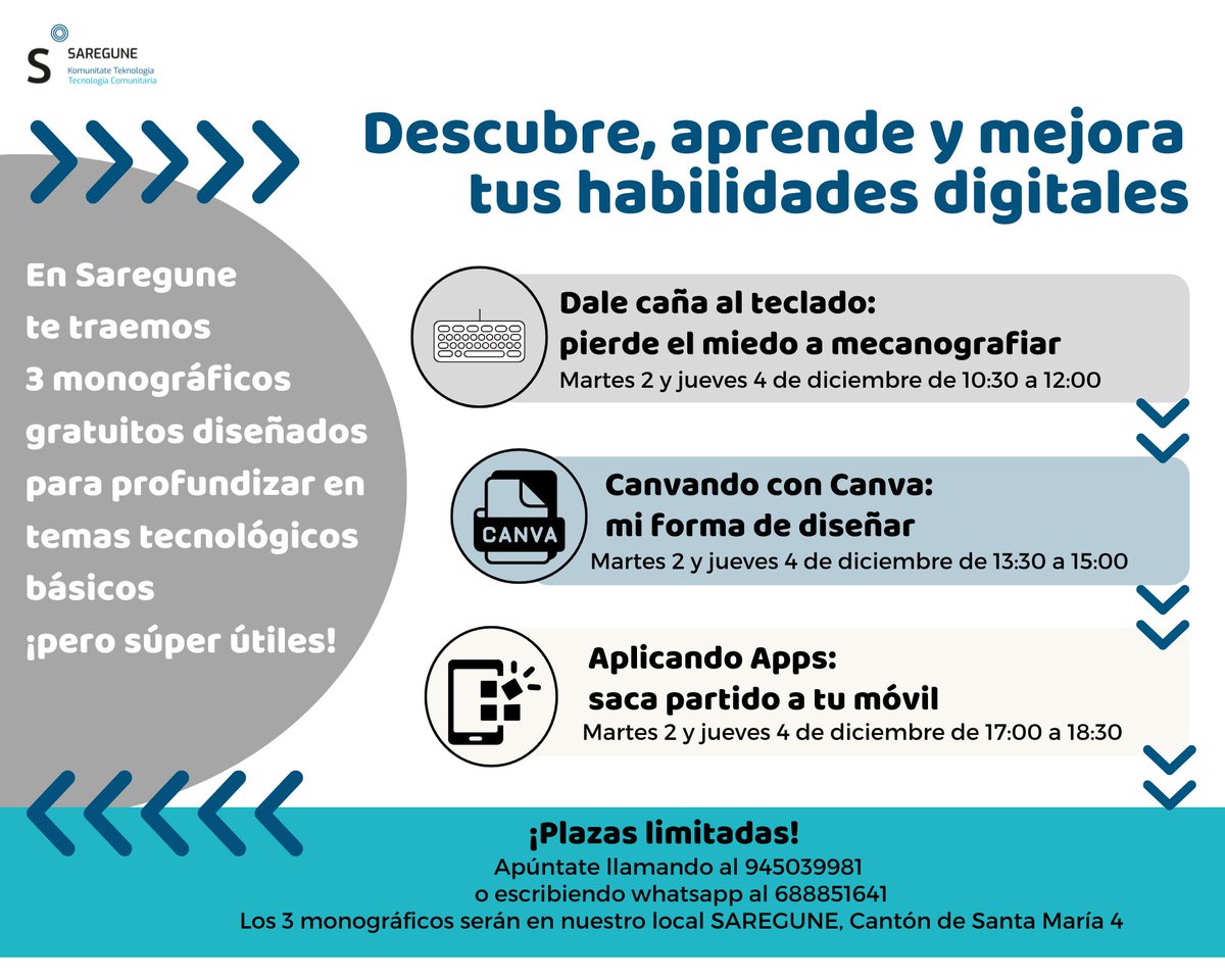 💜 Este 25N reafirmamos nuestro compromiso con una tecnología que empodera. 
Los 2 y 4 de diciembre vuelven los Monográficos Tecnológicos:
⌨️ Dale caña al teclado
🎨 Canvando con Canva
📱 Aplicando Apps
Gratuitos, accesibles y pensados para aprender y crecer desde lo digital.