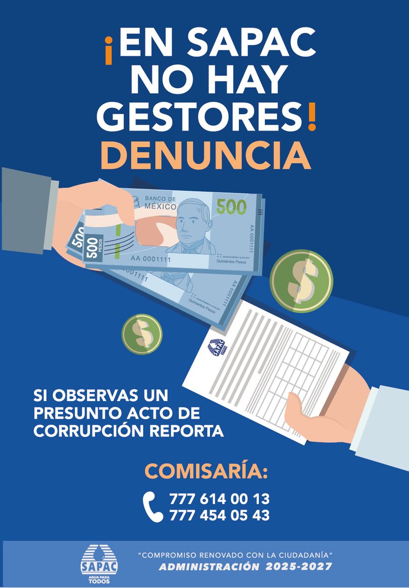 SapacCuernavaca's tweet image. ✋🛑Si observas un presunto acto de corrupción ¡Reporta‼
Comisaría del #SAPAC: 📞7776140013 📞7774540543

💦🚧 Administración 2025-2027, compromiso renovado con la ciudadanía #Cuernavaca