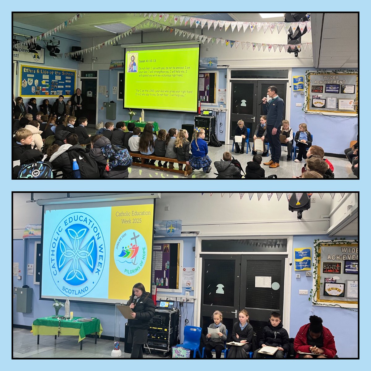 Over the past two weeks, our school has gathered each morning to celebrate Catholic Education Week #PilgrimsofHope. In our daily prayer services, we prayed for our pupils, staff, families, parish and community.
<a href="/rercag/">RE Office</a> 
<a href="/ArchdiocGlasgow/">Archdiocese of Glasgow</a> 
<a href="/StAndFoundatio1/">StAndFoundation</a> 
<a href="/SCESDirector/">SCES</a>