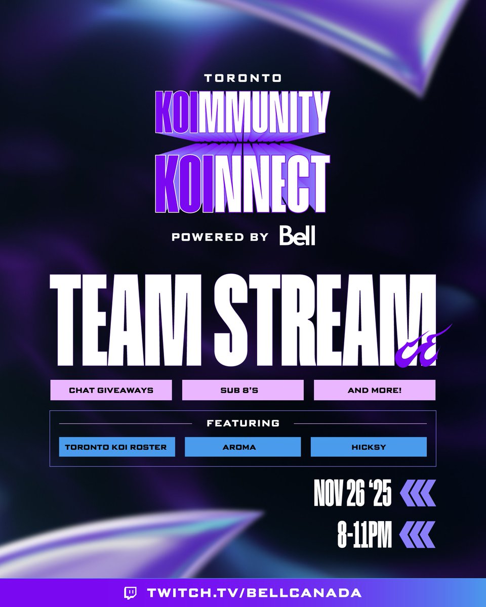 TorontoKOI's tweet image. Whatever you&apos;re doing tomorrow, change your plans. 

Now&apos;s your chance to play with the team, show off your skills and maybe even win some prizes! Thanks to @Bell for bringing the community together 🤩

🗓️ November 26
⏰ 8-11pm ET 
📺 Twitch.tv/BellCanada