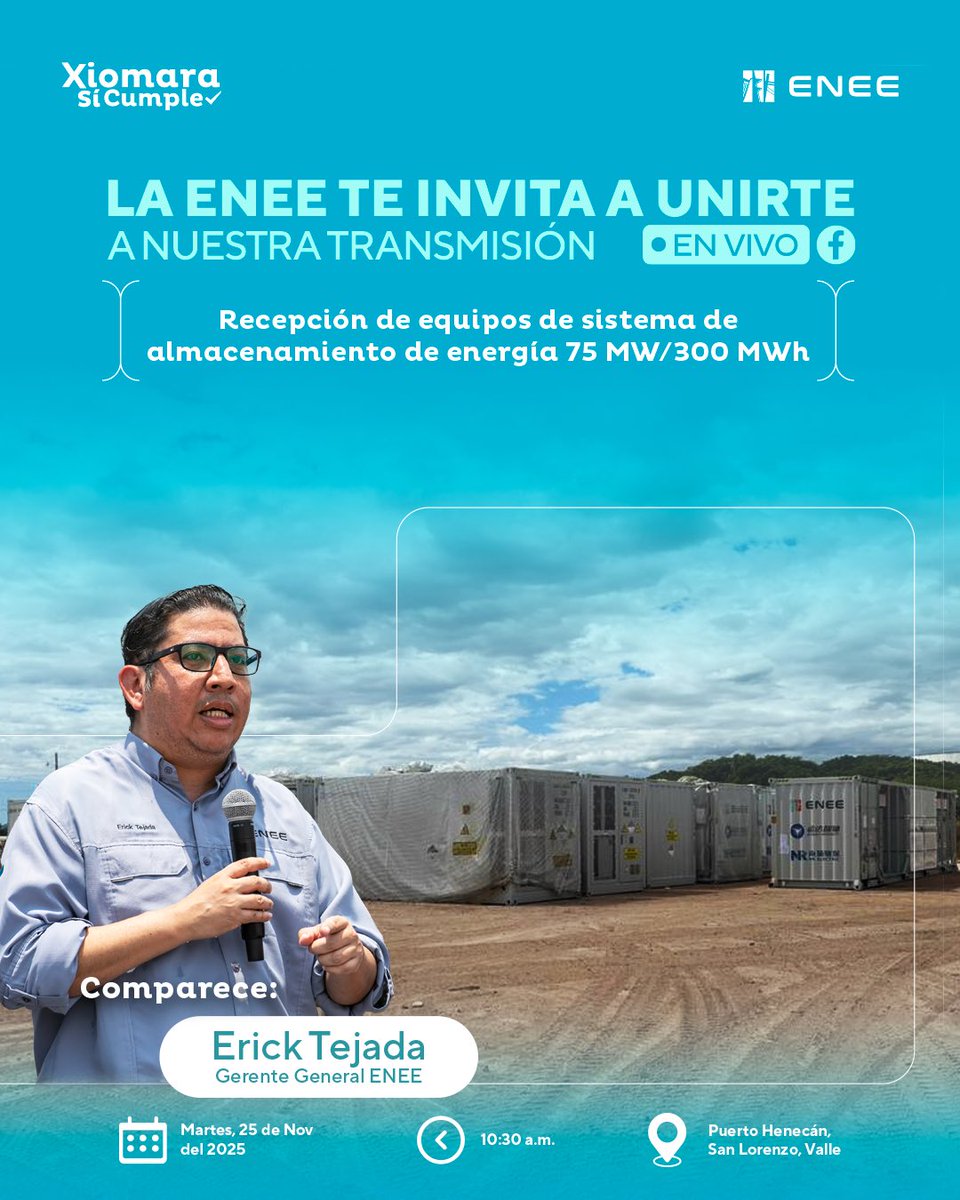 #Invitación | La estatal eléctrica invita a la población en general a ser participe, vía transmisión en vivo, de la recepción de equipos para el nuevo proyecto de almacenamiento de energía. Comparecerá el gerente general Erick Tejada.