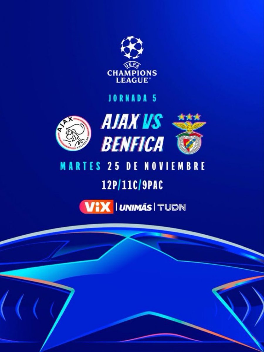 Martes de Champions!

Ajax vs Benfica. Los únicos dos equipos que no han sumado puntos en esta temporada. Ajax estrena DT en UCL tras la salida de Heitinga y Mourinho obligado a sumar. 

Acompáñanos junto a <a href="/loladelcarril/">Lola del Carril</a> a través de <a href="/UniMas/">UniMás</a> <a href="/TUDNUSA/">TUDN USA</a> <a href="/VIX/">ViX</a> 

La vamos a pasar bien