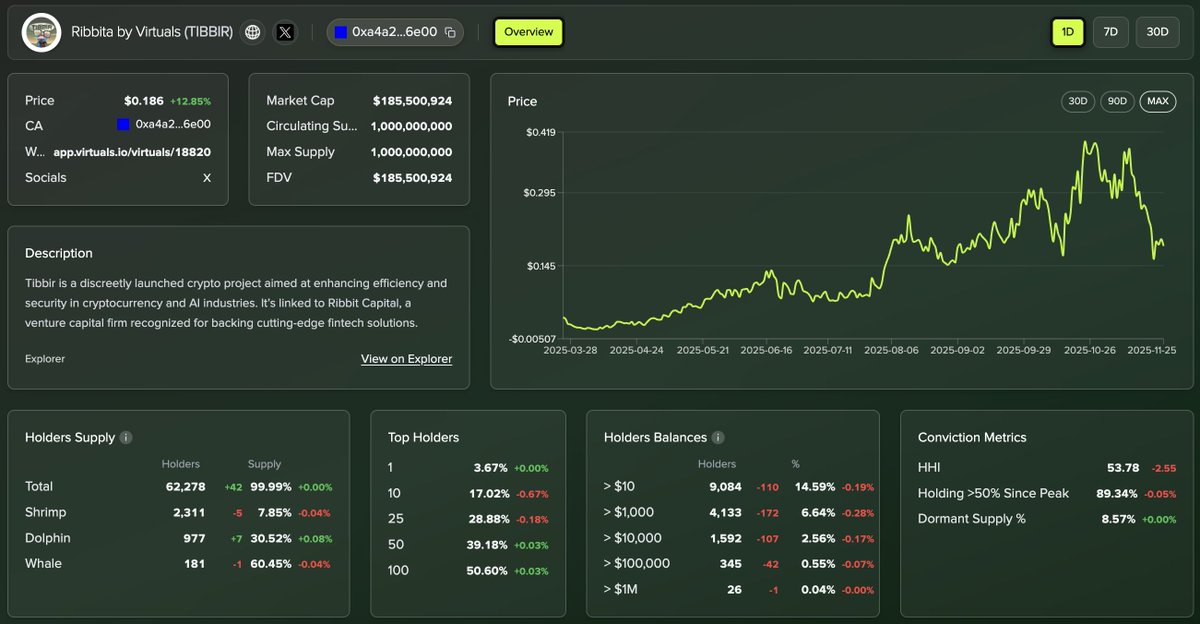 Datablocks 앱의 $TIBBIR 온체인 데이터 스크린샷 — 가격, 시가총액, 보유자 및 신념(보유 기간) 지표
