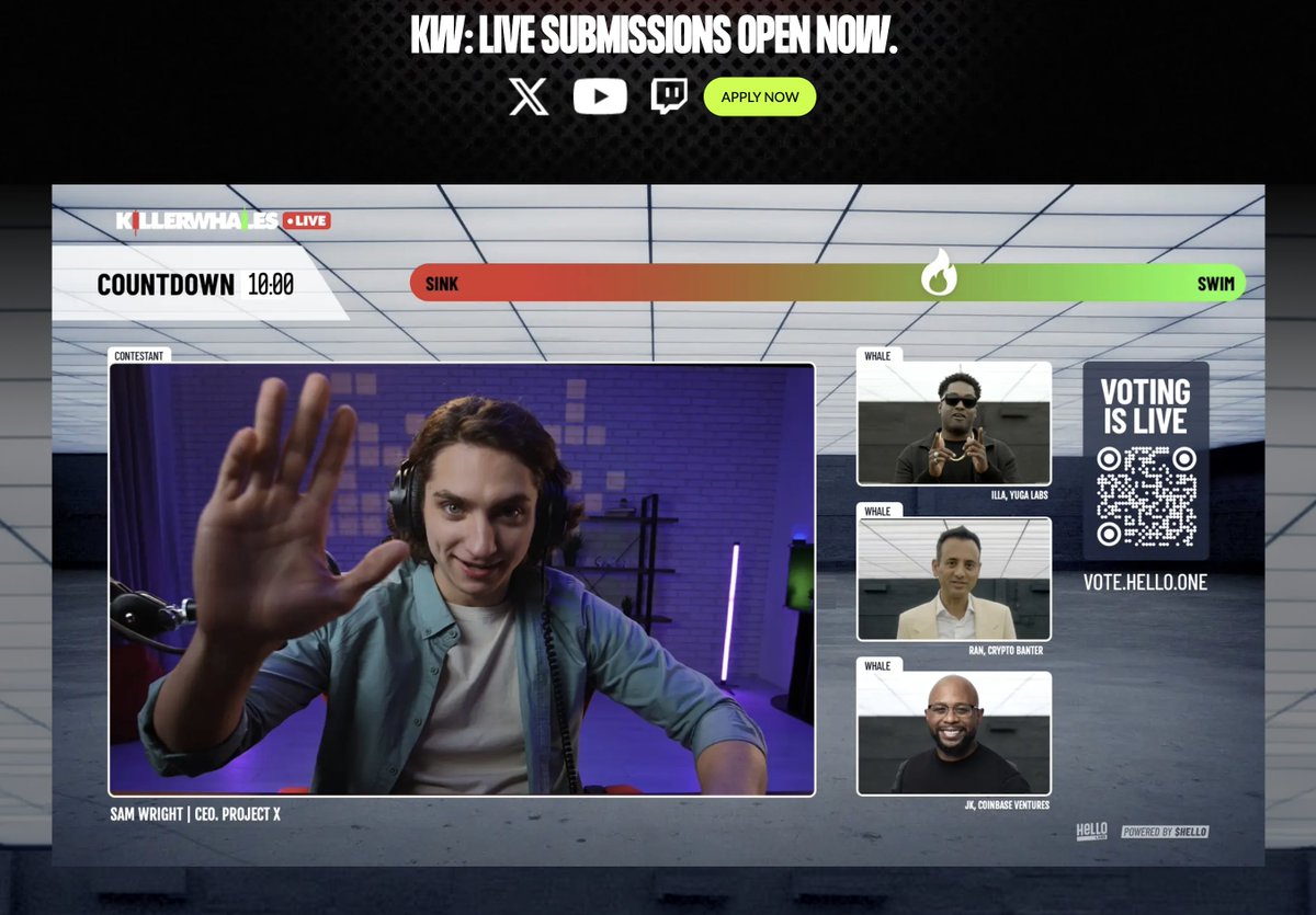 Next up: what happens if you combine the best Crypto Show on the PLANET with a LIVE streaming Pitch show?

KILLER WHALES LIVE😍. 

Want to be on the show? Meet up with the biggest whales? Sign up: hello.one/apply?ref=sand…