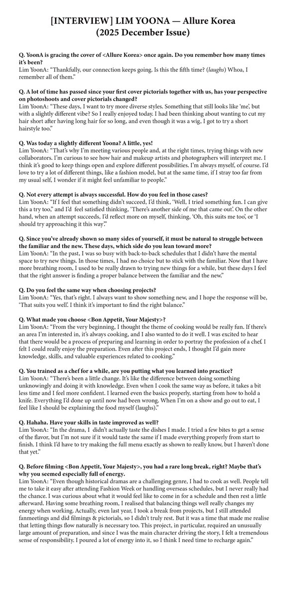 ordinarynojaem's tweet image. [FULL INTERVIEW] Lim YoonA — Allure Korea (2025 December Issue)❤️‍🔥

⇨ Text Vers: docs.google.com/document/d/16y…

#YoonA #LimYoonA #BonAppetitYourMajesty