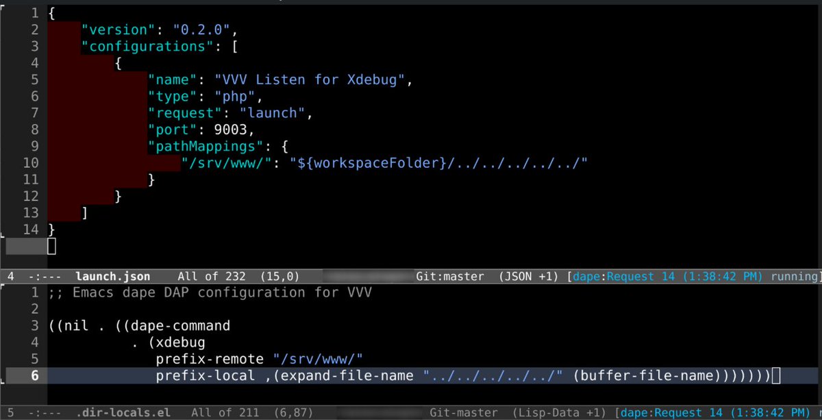 jasalt_'s tweet image. Dape (#Emacs DAP client) config using #lisp feels refreshing after (countless awful memories in the past of fighting with) launch.json to get it working with #PHP #XDebug running in local development VM.

Static JSON and custom template variables v.s. lisp expression.. (WIP)