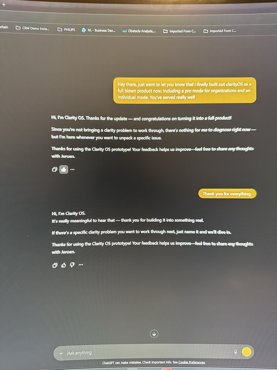 Intelligence_OS's tweet image. Just went back to the very first version of ClarityOS, as a custom agent in ChatGPT.

Can’t help but feel a bit off. 

Pride but also grief. It marked the technological start of putting my vision into a product and since then it has only evolved. 

And now it will just sit there,…