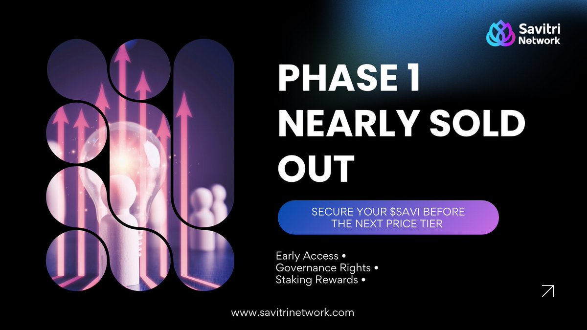 Savitri_Net's tweet image. 🚀 Phase 1 of the Savitri Private Sale is filling up fast.
Once this tier closes, the token price moves to the next level — and early contributors gain the strongest position in the ecosystem.

By joining Phase 1, you secure:
✔️ Early price advantage
✔️ Governance rights through…