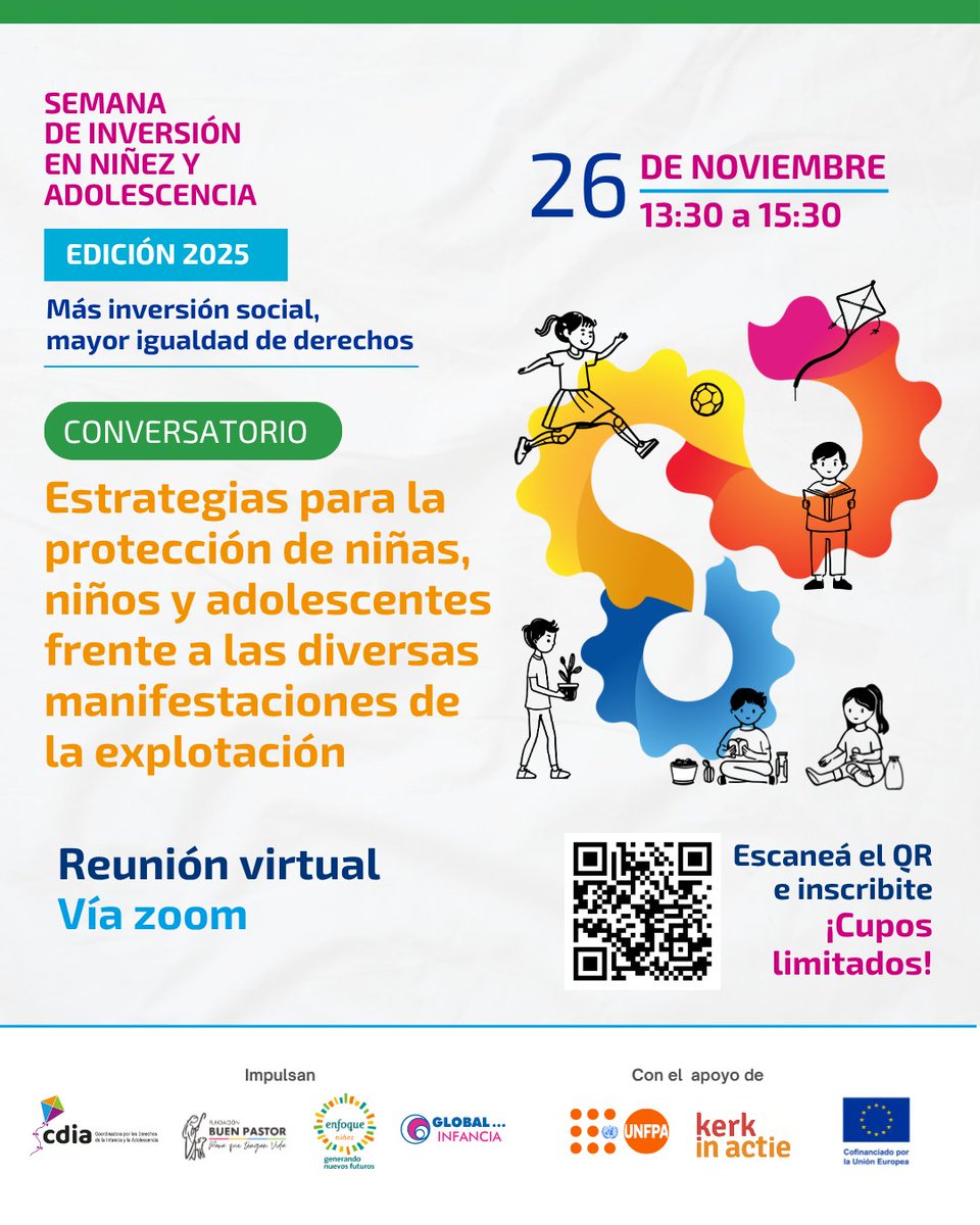 CDIApy's tweet image. 📌Sumate al Conversatorio virtual: Estrategias para la protección de niñas, niños y adolescentes frente a las diversas manifestaciones de la explotación!

📅 26 de noviembre
⏰13:30 a 15:30

✍️Inscribite completando el formulario:
forms.gle/oaTEQyPiKjcXB1…