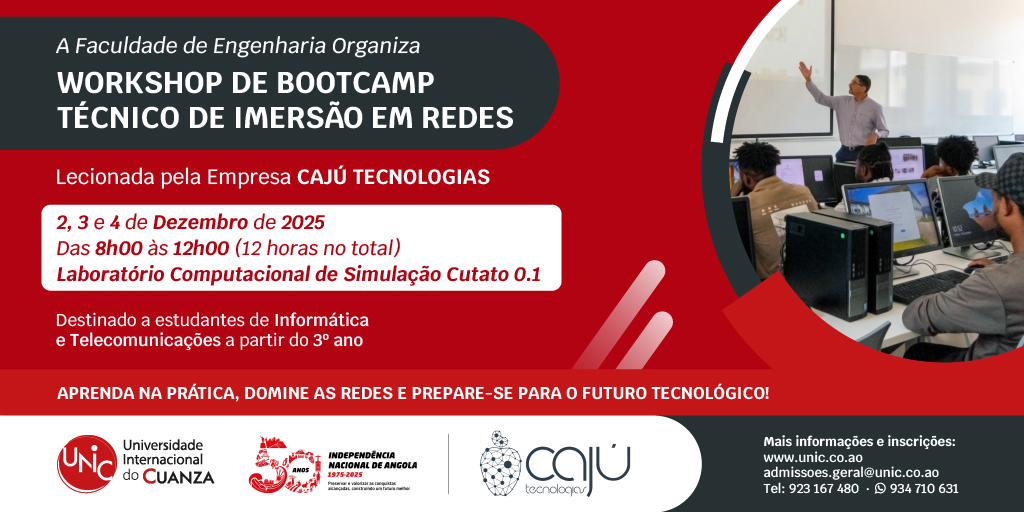 unic_cuanza's tweet image. Workshop Bootcamp, Técnica de Imersão em Redes
Três dias para explorar, praticar, tirar dúvidas, ganhar confiança e descobrir novas oportunidades no universo das redes.